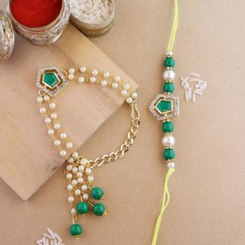 rakshabhandhan special kundan bhaiya bhabhi pearl hanging lumba bracelet rakhi combo set with roli chawal 1