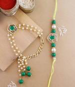 rakshabhandhan special kundan bhaiya bhabhi pearl hanging lumba bracelet rakhi combo set with roli chawal