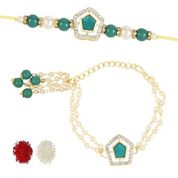rakshabhandhan special kundan bhaiya bhabhi pearl hanging lumba bracelet rakhi combo set with roli chawal 2