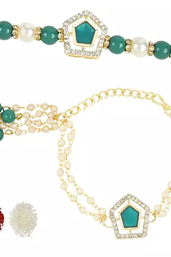 rakshabhandhan special kundan bhaiya bhabhi pearl hanging lumba bracelet rakhi combo set with roli chawal