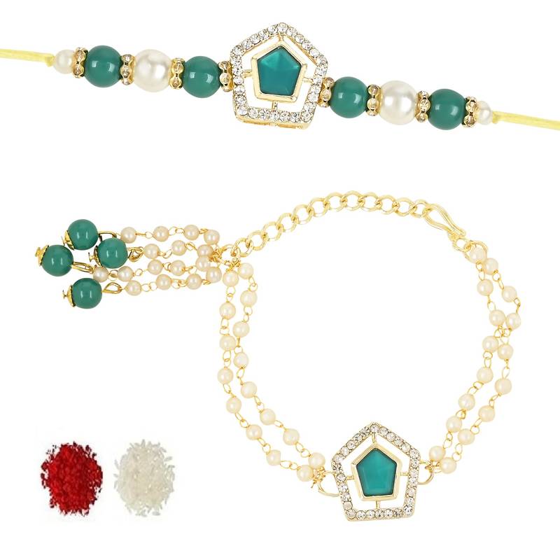 rakshabhandhan special kundan bhaiya bhabhi pearl hanging lumba bracelet rakhi combo set with roli chawal
