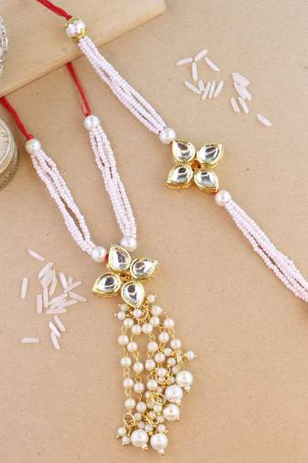 rakshabhandhan special kundan bhaiya bhabhi pearl hanging lumba bracelet rakhi combo set with roli chawal