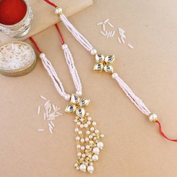 rakshabhandhan special kundan bhaiya bhabhi pearl hanging lumba bracelet rakhi combo set with roli chawal 1