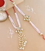 rakshabhandhan special kundan bhaiya bhabhi pearl hanging lumba bracelet rakhi combo set with roli chawal