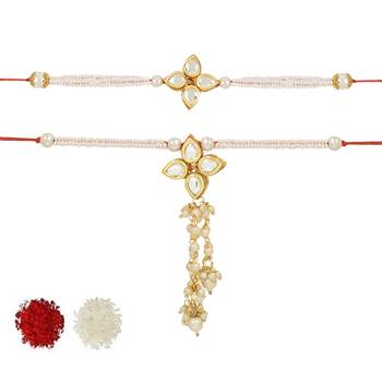 rakshabhandhan special kundan bhaiya bhabhi pearl hanging lumba bracelet rakhi combo set with roli chawal 3