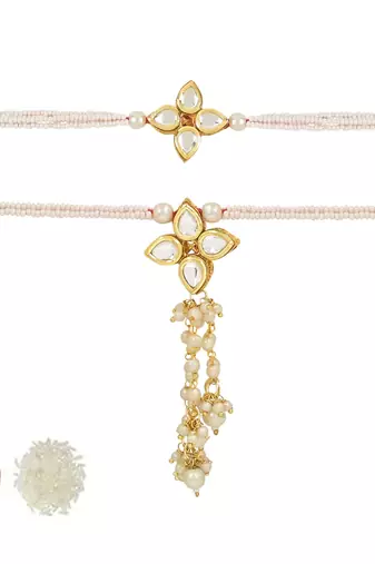 rakshabhandhan special kundan bhaiya bhabhi pearl hanging lumba bracelet rakhi combo set with roli chawal