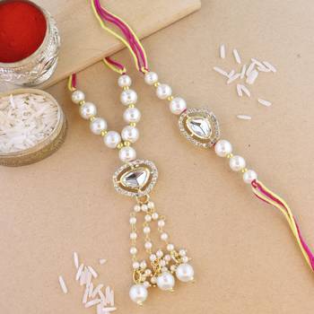 rakshabhandhan special kundan bhaiya bhabhi pearl hanging lumba bracelet rakhi combo set with roli chawal 1