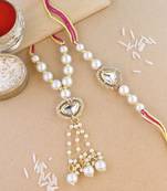 rakshabhandhan special kundan bhaiya bhabhi pearl hanging lumba bracelet rakhi combo set with roli chawal