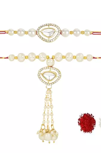rakshabhandhan special kundan pearl hanging lumba bracelet rakhi combo set with roli chawal