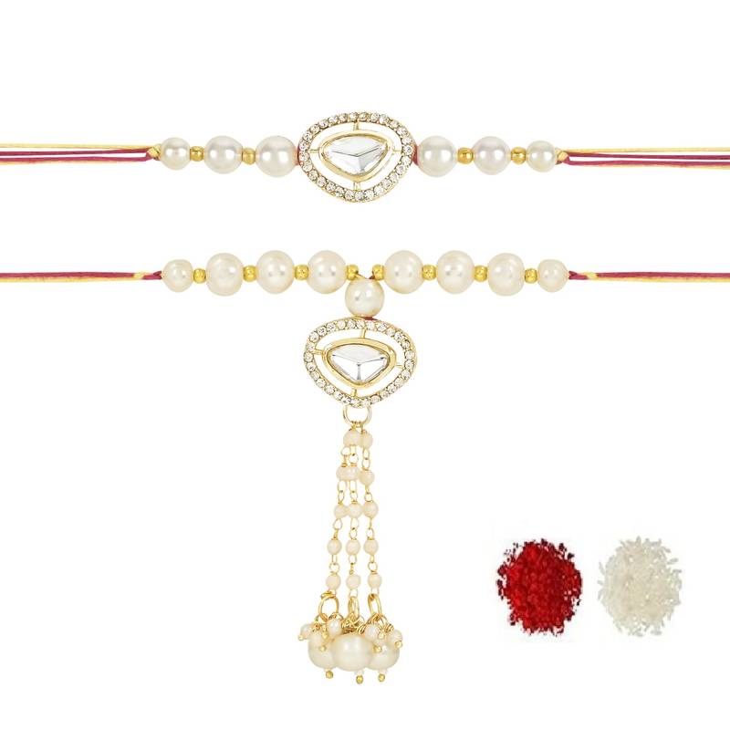 rakshabhandhan special kundan bhaiya bhabhi pearl hanging lumba bracelet rakhi combo set with roli chawal