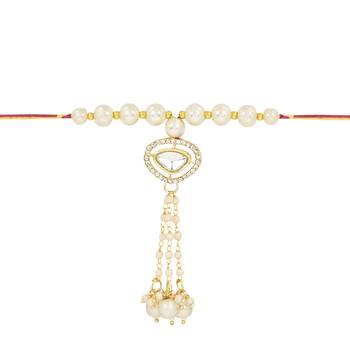 rakshabhandhan special kundan bhaiya bhabhi pearl hanging lumba bracelet rakhi combo set with roli chawal 3