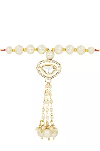 rakshabhandhan special kundan pearl hanging lumba bracelet rakhi combo set with roli chawal