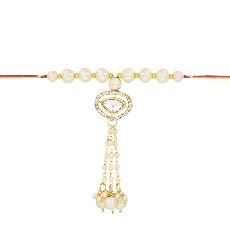 rakshabhandhan special kundan bhaiya bhabhi pearl hanging lumba bracelet rakhi combo set with roli chawal