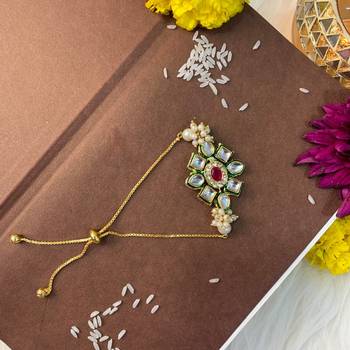 rakshabhandhan special kundan bhaiya bhabhi pearl hanging lumba bracelet rakhi combo set with roli chawal 1