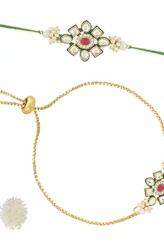 rakshabhandhan special kundan bhaiya bhabhi pearl hanging lumba bracelet rakhi combo set with roli chawal