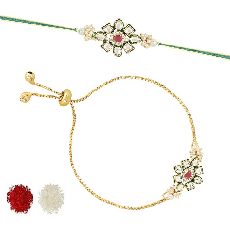 rakshabhandhan special kundan bhaiya bhabhi pearl hanging lumba bracelet rakhi combo set with roli chawal