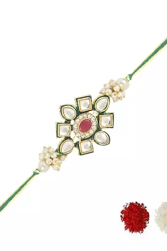 rakshabhandhan special kundan bhaiya bhabhi pearl hanging lumba bracelet rakhi combo set with roli chawal