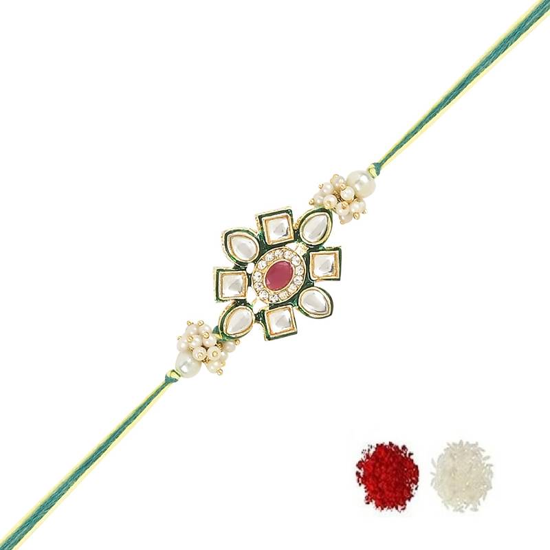 rakshabhandhan special kundan bhaiya bhabhi pearl hanging lumba bracelet rakhi combo set with roli chawal
