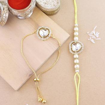 rakshabhandhan special kundan bhaiya bhabhi pearl hanging lumba bracelet rakhi combo set with roli chawal 1