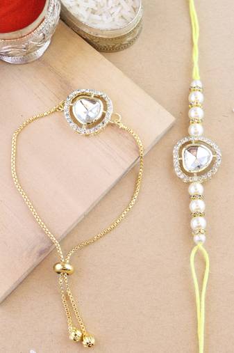 rakshabhandhan special kundan bhaiya bhabhi pearl hanging lumba bracelet rakhi combo set with roli chawal