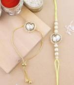 rakshabhandhan special kundan bhaiya bhabhi pearl hanging lumba bracelet rakhi combo set with roli chawal