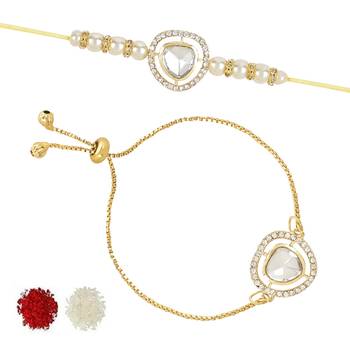 rakshabhandhan special kundan bhaiya bhabhi pearl hanging lumba bracelet rakhi combo set with roli chawal 2