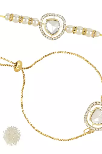 rakshabhandhan special kundan bhaiya bhabhi pearl hanging lumba bracelet rakhi combo set with roli chawal