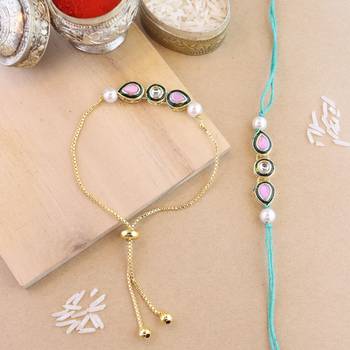 rakshabhandhan special kundan bhaiya bhabhi pearl hanging lumba bracelet rakhi combo set with roli chawal 1