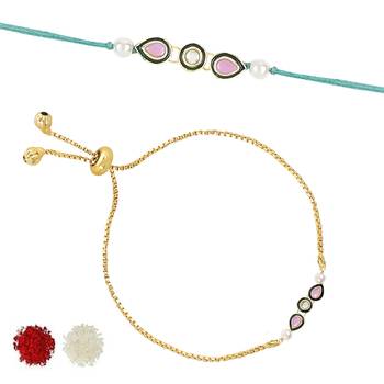 rakshabhandhan special kundan bhaiya bhabhi pearl hanging lumba bracelet rakhi combo set with roli chawal 2