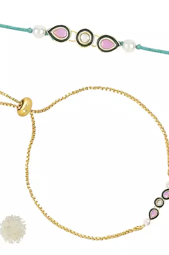 rakshabhandhan special kundan bhaiya bhabhi pearl hanging lumba bracelet rakhi combo set with roli chawal