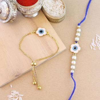 rakshabhandhan special floral shape enamel evil eye bhaiya bhabhi lumba bracelet rakhi combo set with 1