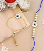rakshabhandhan special floral shape enamel evil eye bhaiya bhabhi lumba bracelet rakhi combo set with