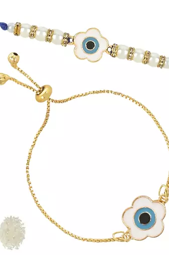 rakshabhandhan special floral shape enamel evil eye bhaiya bhabhi lumba bracelet rakhi combo set with
