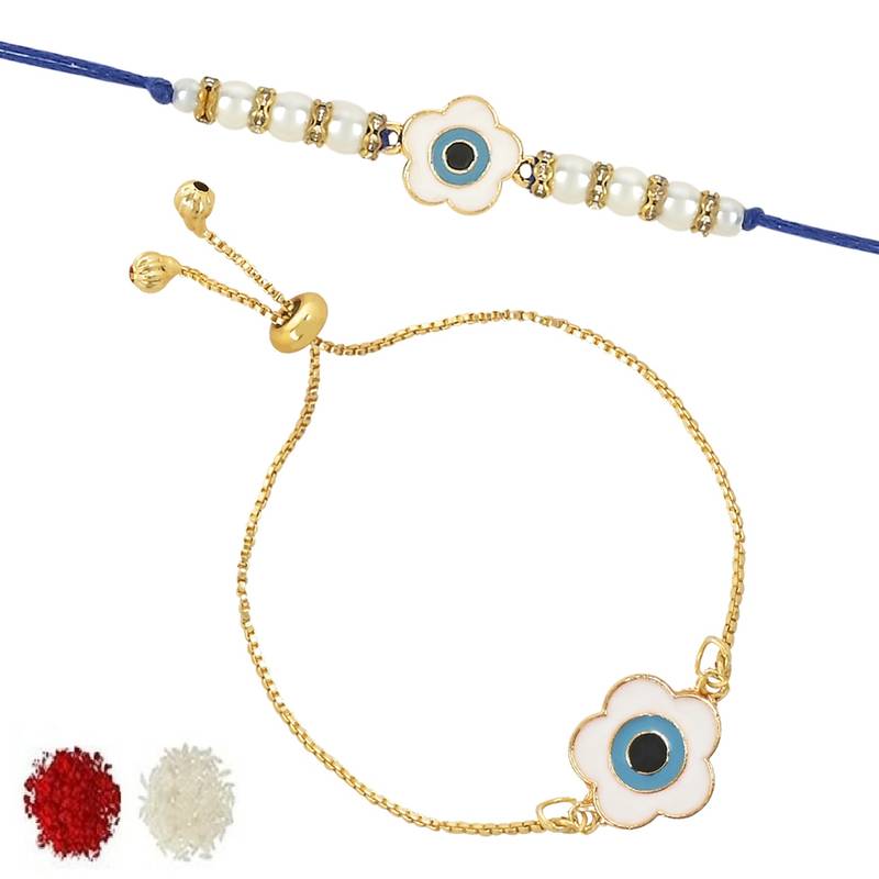rakshabhandhan special floral shape enamel evil eye bhaiya bhabhi lumba bracelet rakhi combo set with