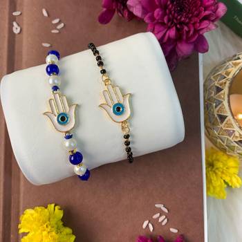 rakshabhandhan special hamsa shape enamel evil eye bhaiya bhabhi lumba bracelet rakhi combo set with 1
