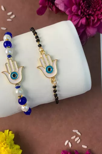rakshabhandhan special hamsa shape enamel evil eye bhaiya bhabhi lumba bracelet rakhi combo set with