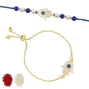 rakshabhandhan special hamsa shape enamel evil eye bhaiya bhabhi lumba bracelet rakhi combo set with 2