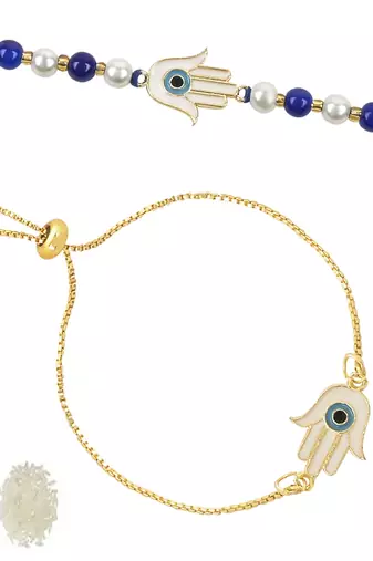 rakshabhandhan special hamsa shape enamel evil eye bhaiya bhabhi lumba bracelet rakhi combo set with