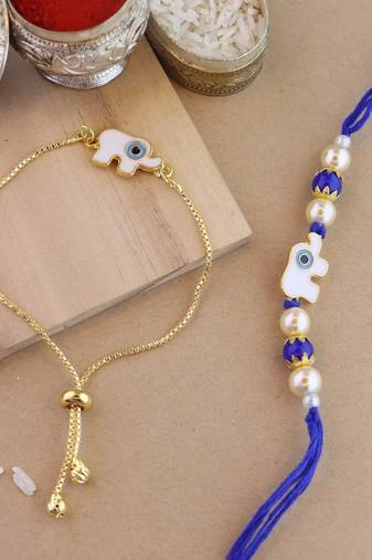 rakshabhandhan special designer white elephant enamel evil eye bhaiya bhabhi lumba bracelet rakhi combo set