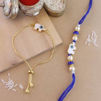 rakshabhandhan special designer white elephant enamel evil eye bhaiya bhabhi lumba bracelet rakhi combo set 1