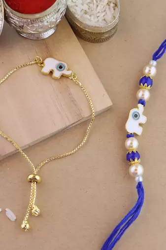 rakshabhandhan special designer white elephant enamel evil eye bhaiya bhabhi lumba bracelet rakhi combo set
