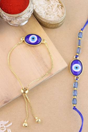 rakshabhandhan special designer enamel evil eye bhaiya bhabhi lumba bracelet rakhi combo set with roli chawal