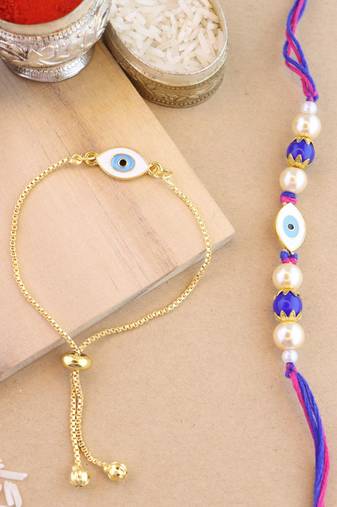 rakshabhandhan special designer enamel evil eye bhaiya bhabhi lumba bracelet rakhi combo set with roli chawal