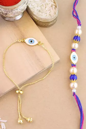 rakshabhandhan special designer enamel evil eye bhaiya bhabhi lumba bracelet rakhi combo set with roli chawal