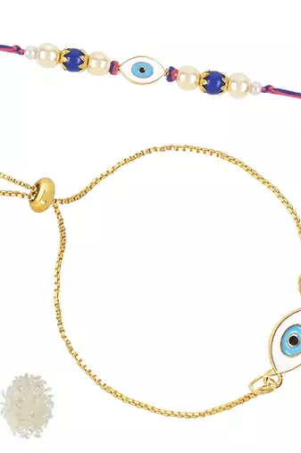 rakshabhandhan special designer enamel evil eye bhaiya bhabhi lumba bracelet rakhi combo set with roli chawal
