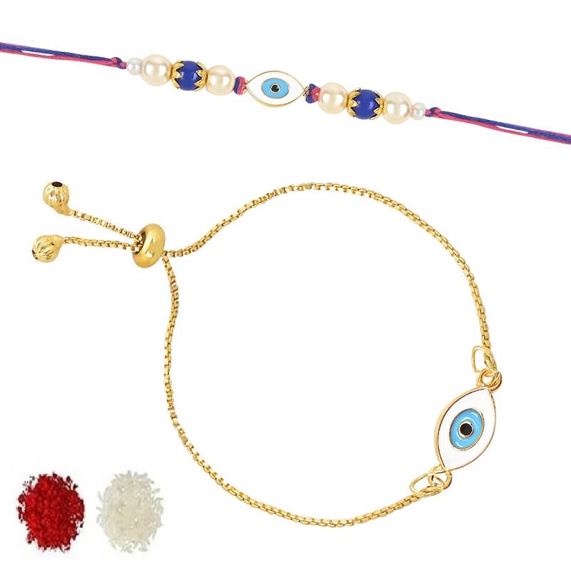 rakshabhandhan special designer enamel evil eye bhaiya bhabhi lumba bracelet rakhi combo set with roli chawal