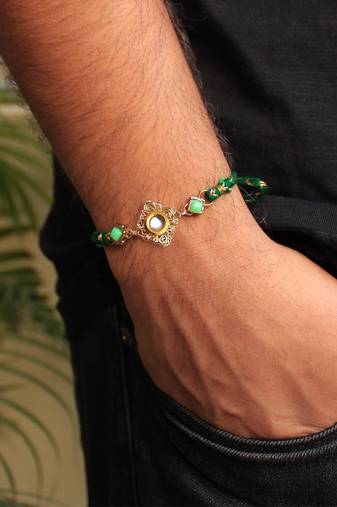Green Kundan With Mesh Rakhi