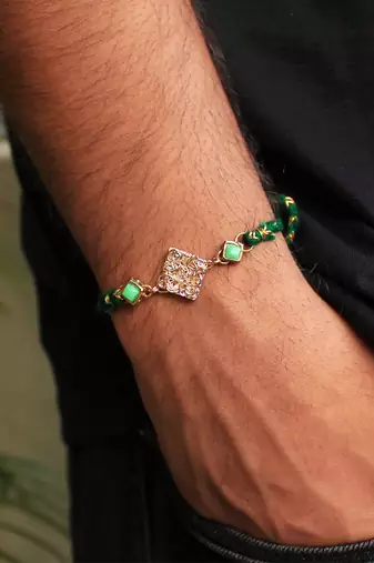 Green Kundan With Mesh Rakhi