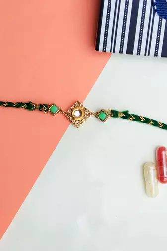 Green Kundan With Mesh Rakhi