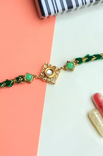 Green Kundan With Mesh Rakhi